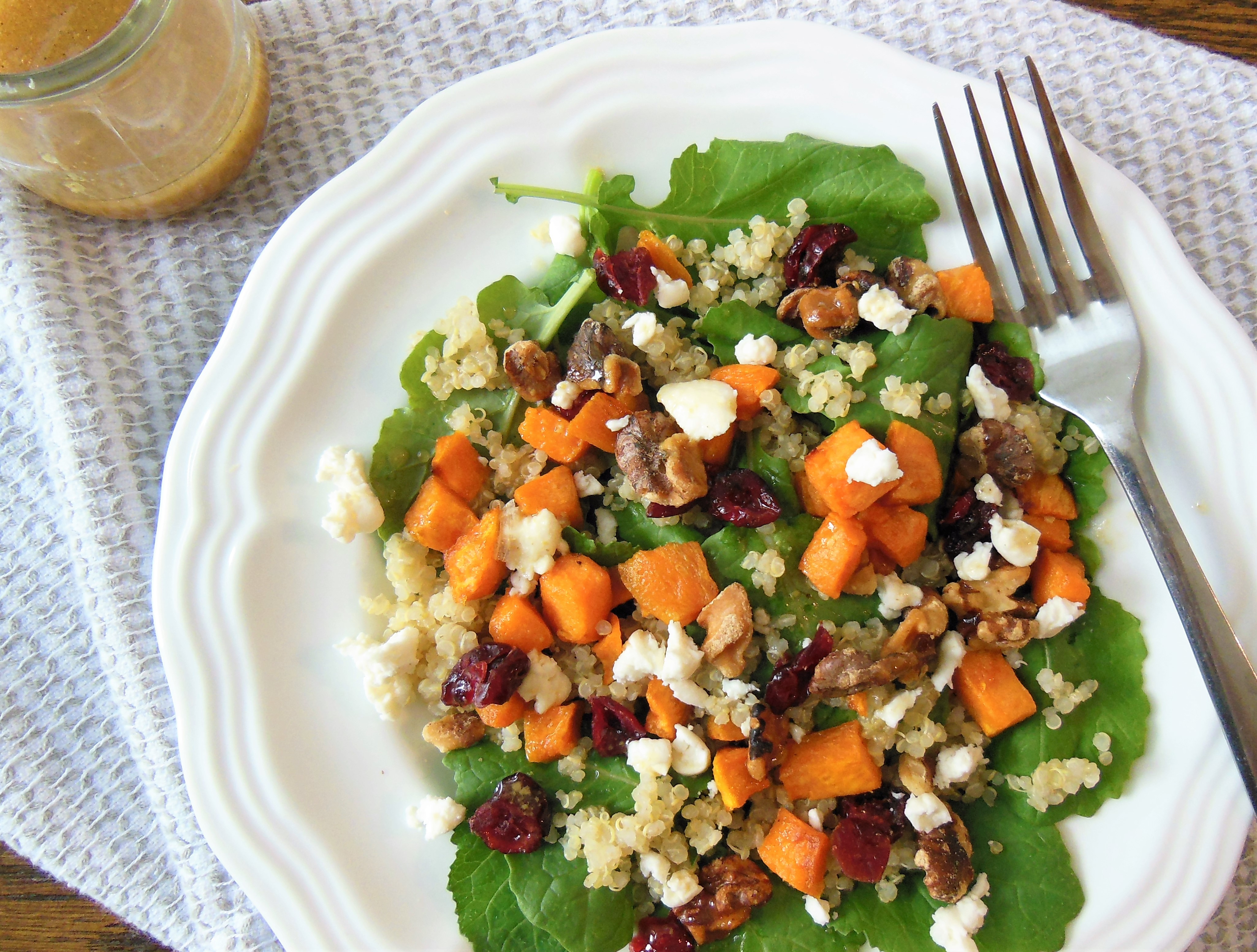 Roasted Sweet Potato Quinoa Salad With Maple Dressing Three Happy Folk